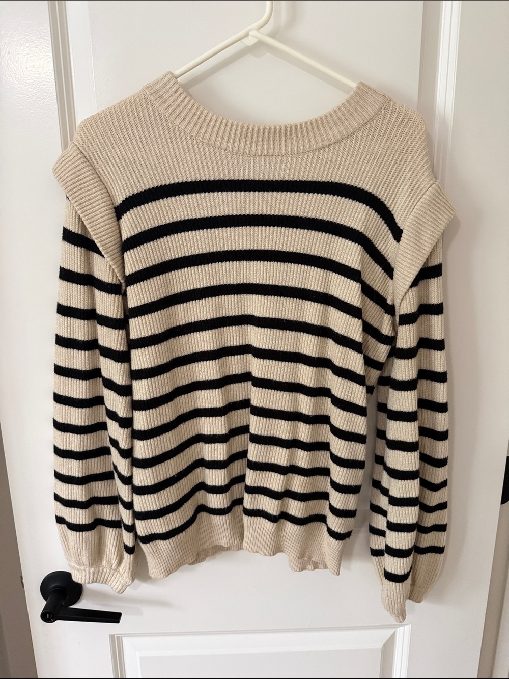 Cream and Black Striped Crewneck Sweater
